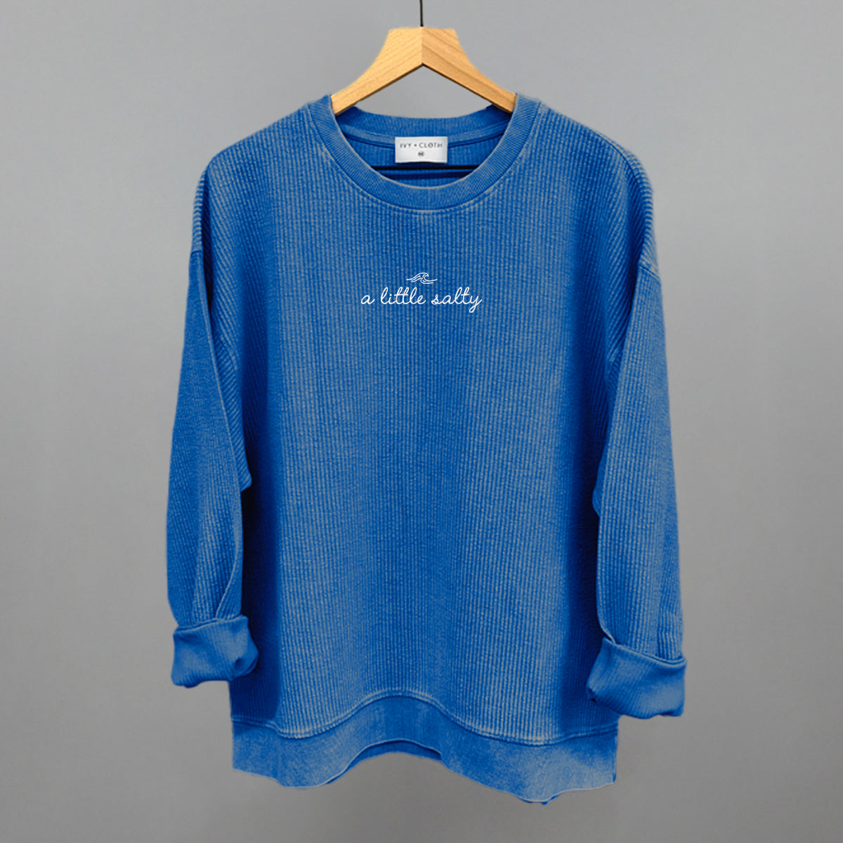A Little Salty Wave Beach graphic oversized corded crew in Royal