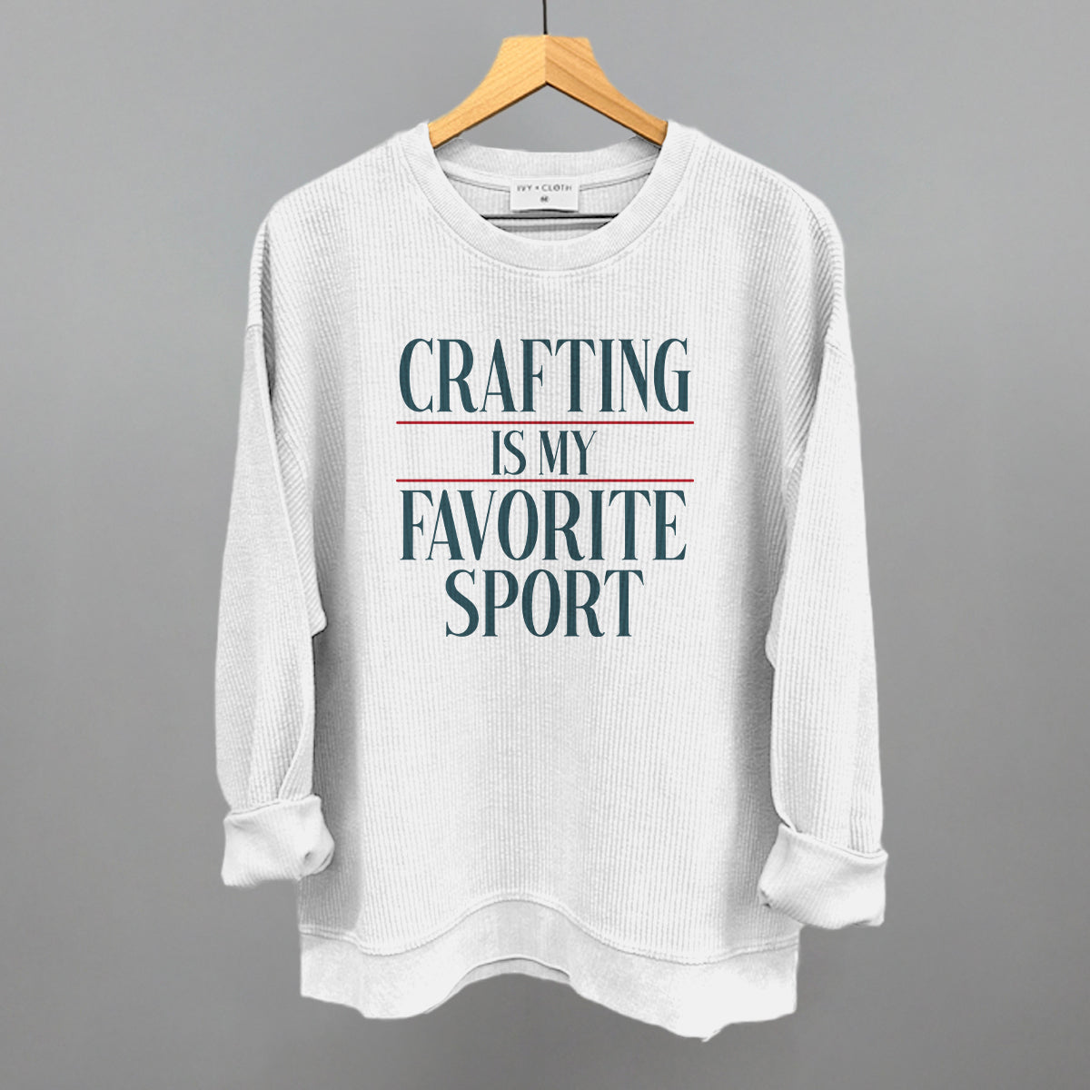 Crafting Is My Favorite Sport graphic oversized corded crew in White