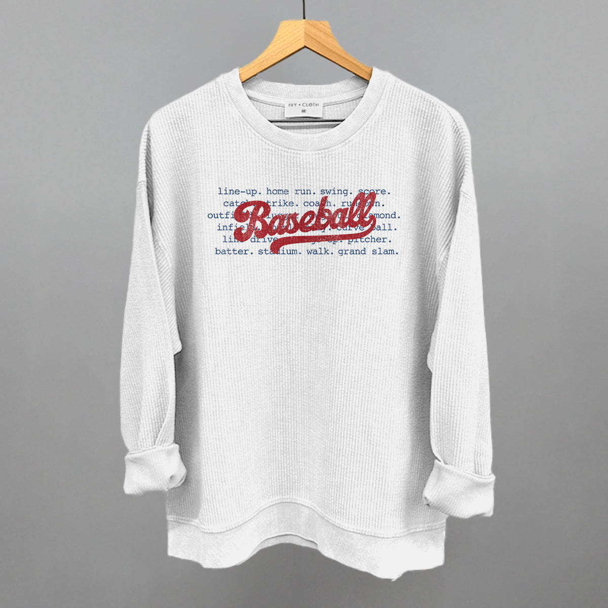Baseball Terms Funny Oversized Corded Crewneck Sweatshirt in White – Ivy + Cloth