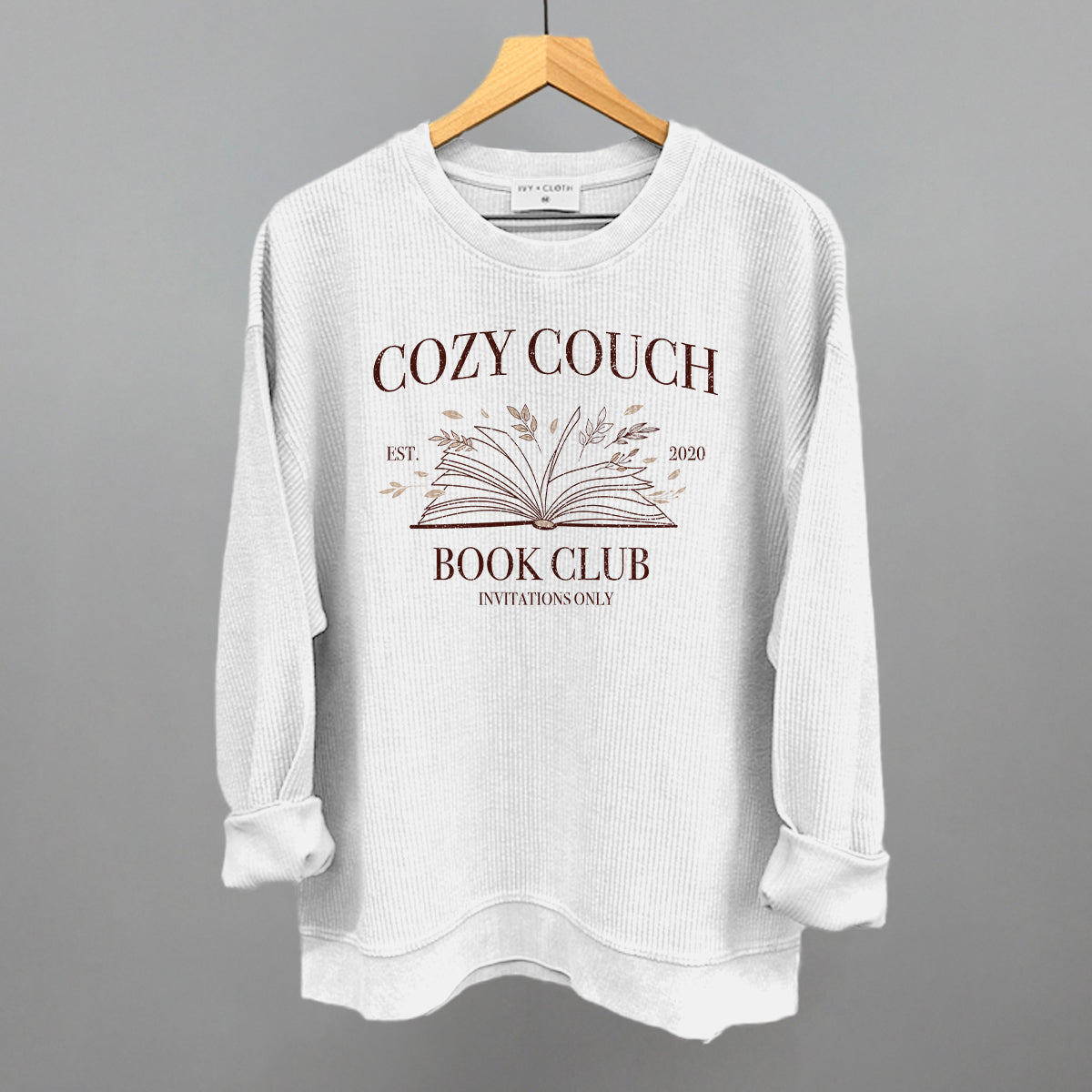 Cozy Couch Book Club Funny Oversized Corded Crewneck Sweatshirt in White – Ivy + Cloth