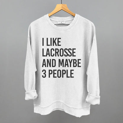 I Like Lacrosse and Maybe 3 People graphic oversized corded crew in White