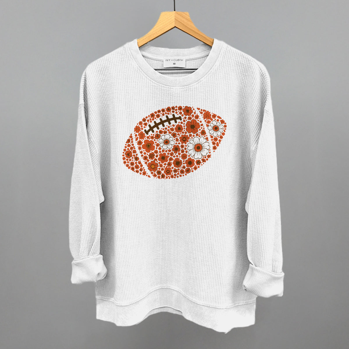 Floral Football Orange Funny Oversized Corded Crewneck Sweatshirt in White – Ivy + Cloth