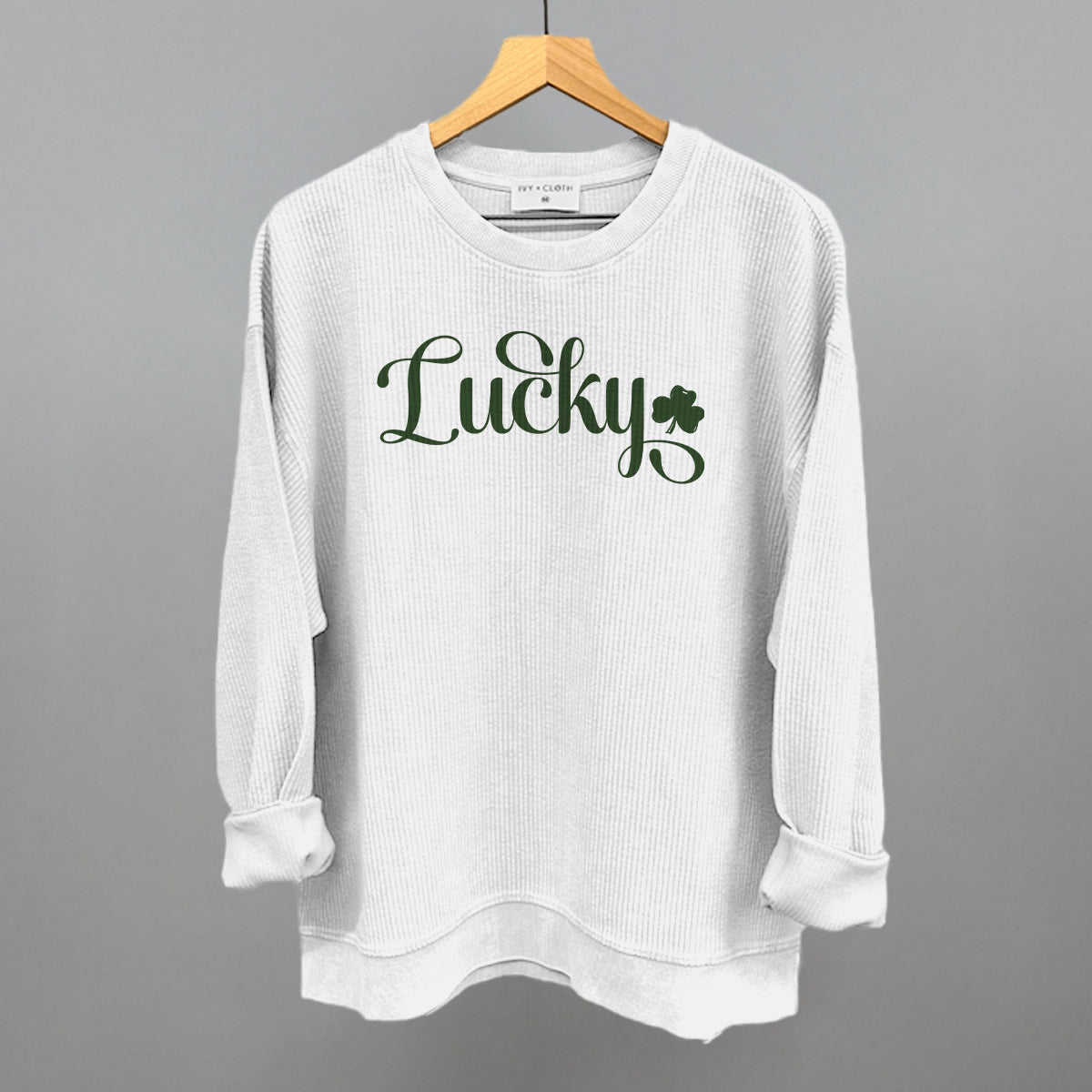 Lucky Script + Clover Funny Oversized Corded Crewneck Sweatshirt in White – Ivy + Cloth