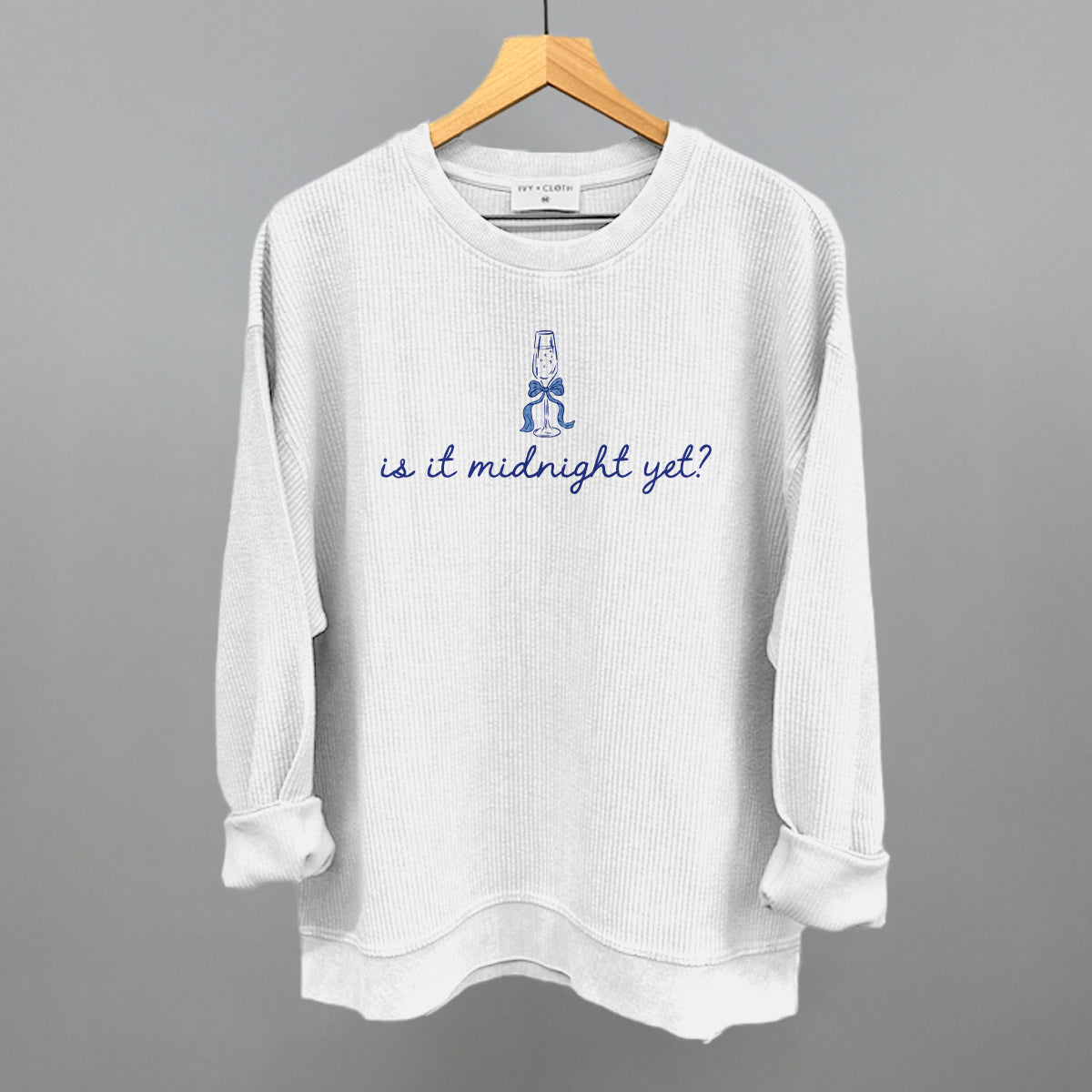 Is It Midnight Yet (Blue) Funny Oversized Corded Crewneck Sweatshirt in White – Ivy + Cloth
