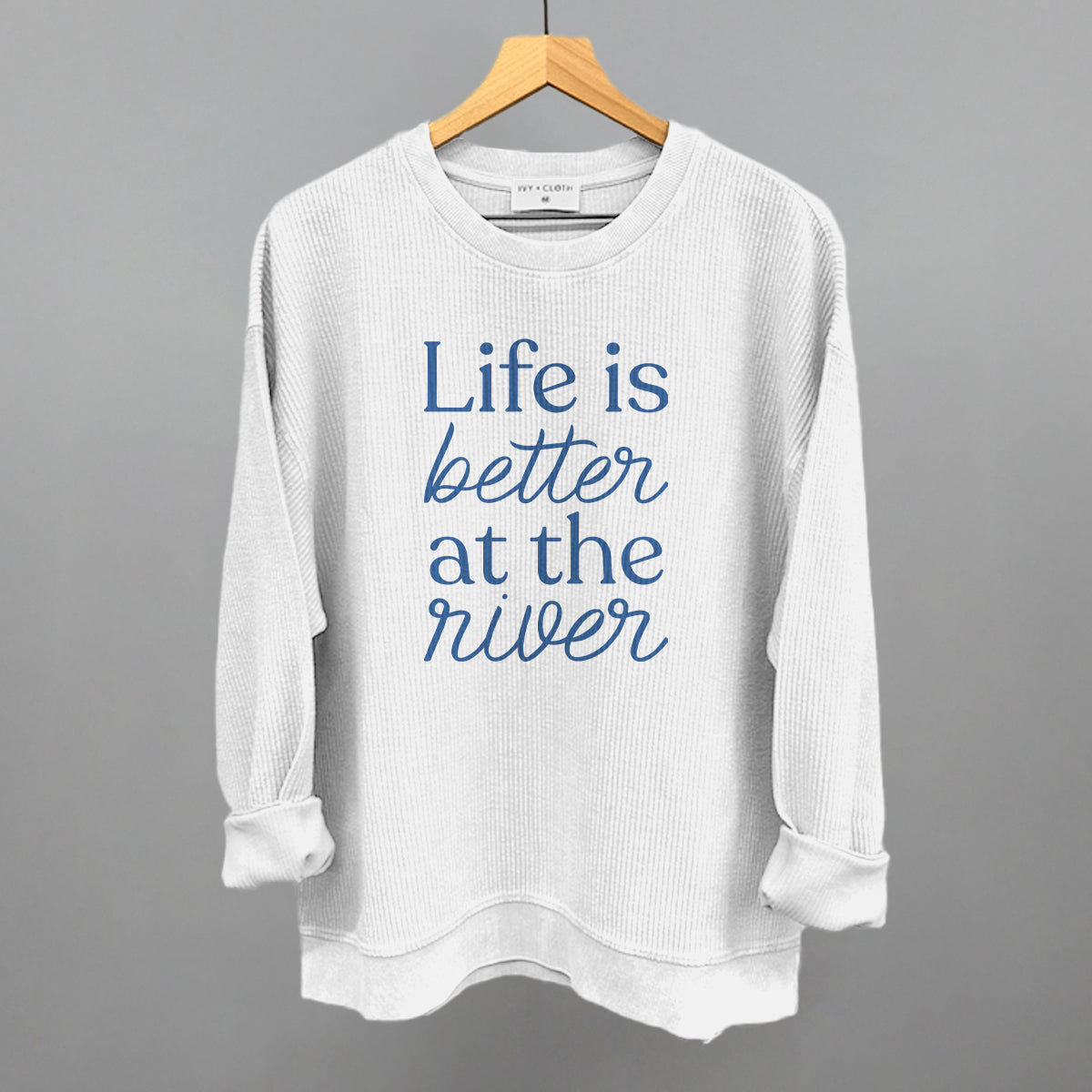 Life Is Better At The River graphic oversized corded crew in White