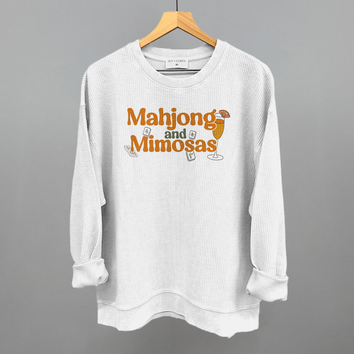 Mahjong and Mimosas graphic oversized corded crew in White