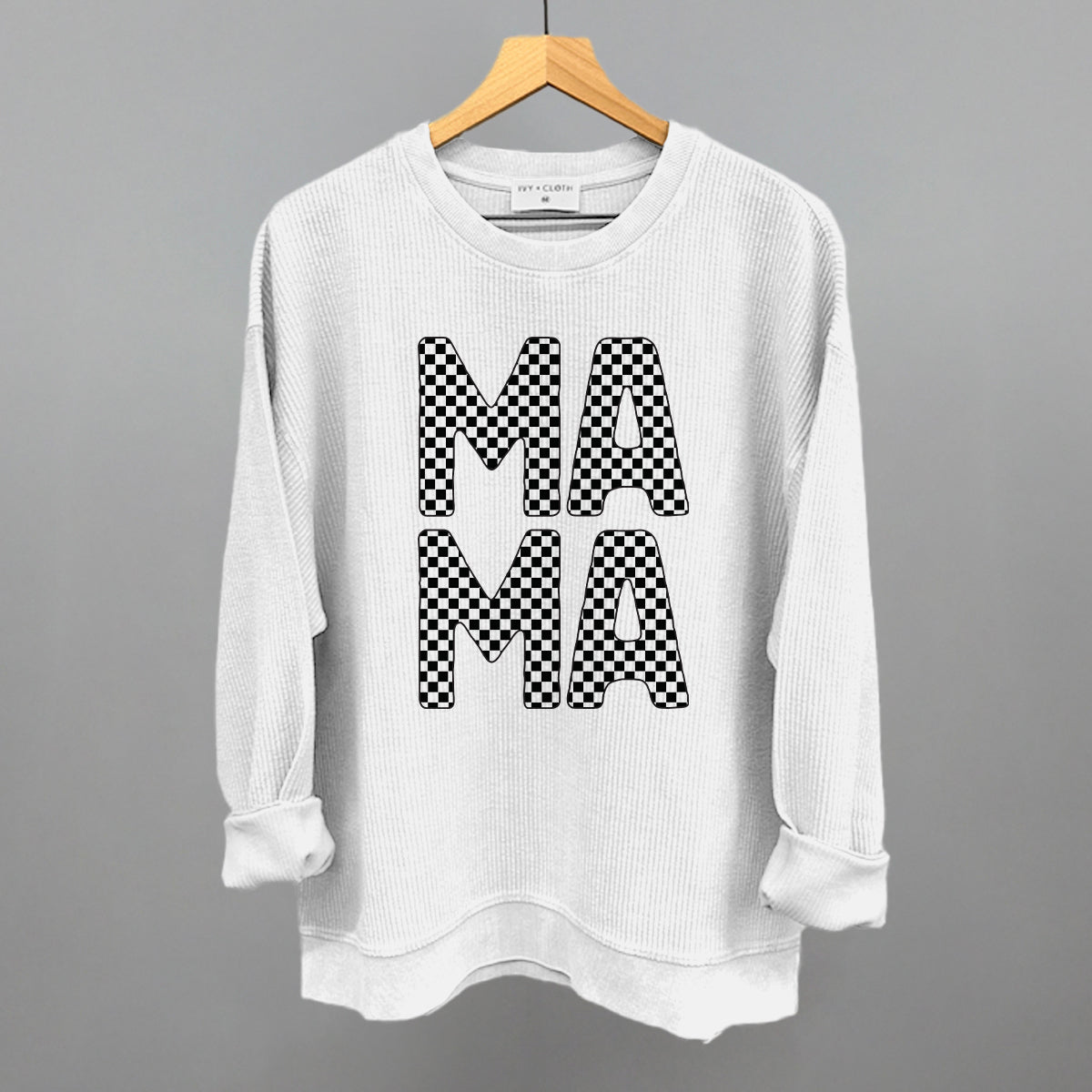 Mama Stacked Checkered Funny Oversized Corded Crewneck Sweatshirt in White – Ivy + Cloth
