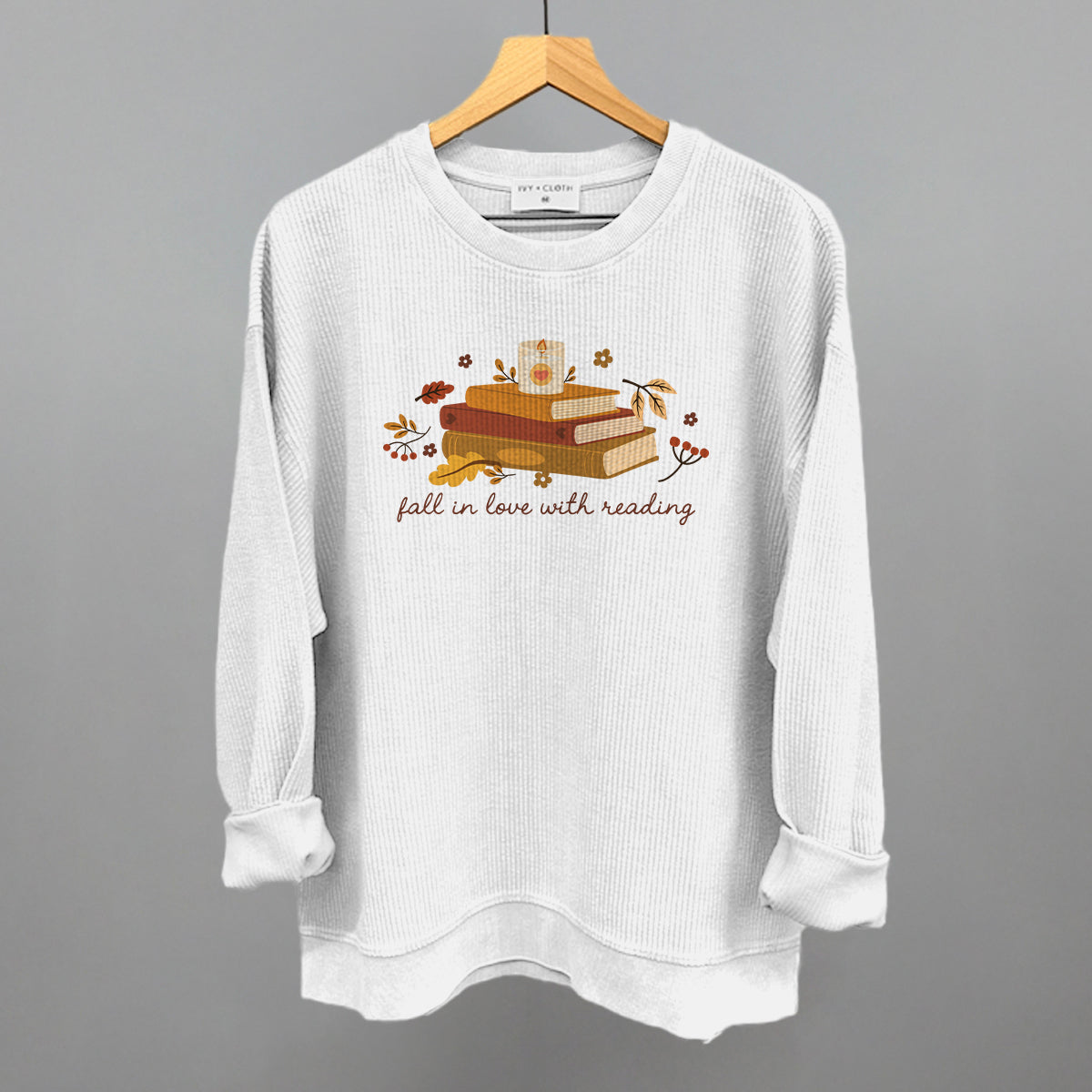 Fall In Love With Reading Funny Oversized Corded Crewneck Sweatshirt in White – Ivy + Cloth