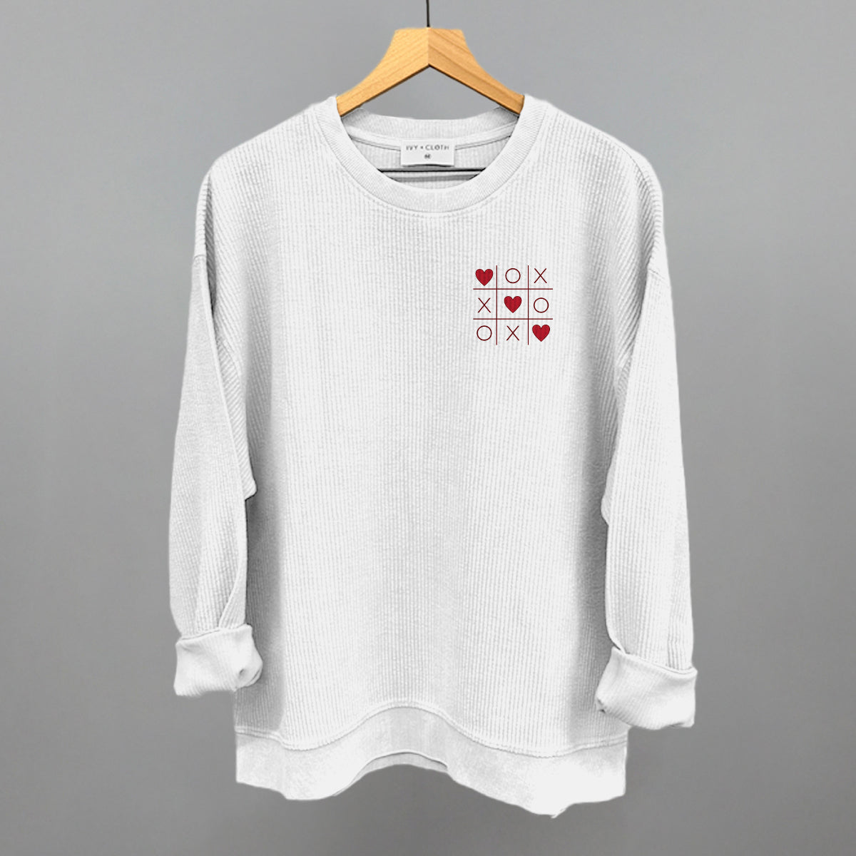 Tic Tac Toe Hearts Valentine's graphic oversized corded crew in White