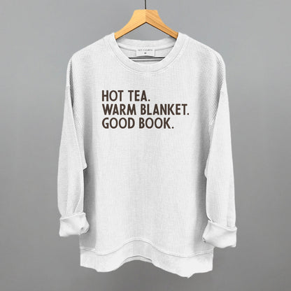Hot Tea, Warm Blanket, Good Book Cozy graphic oversized corded crew in White