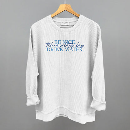 Be Nice, Take A Pilates Class, Drink Water graphic oversized corded crew in White