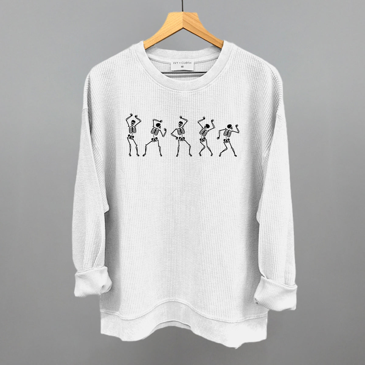 Dancing Skeletons Halloween graphic oversized corded crew in White
