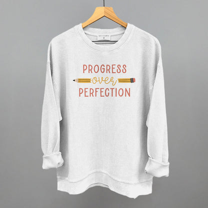 Progress Over Perfection Funny Oversized Corded Crewneck Sweatshirt in White – Ivy + Cloth