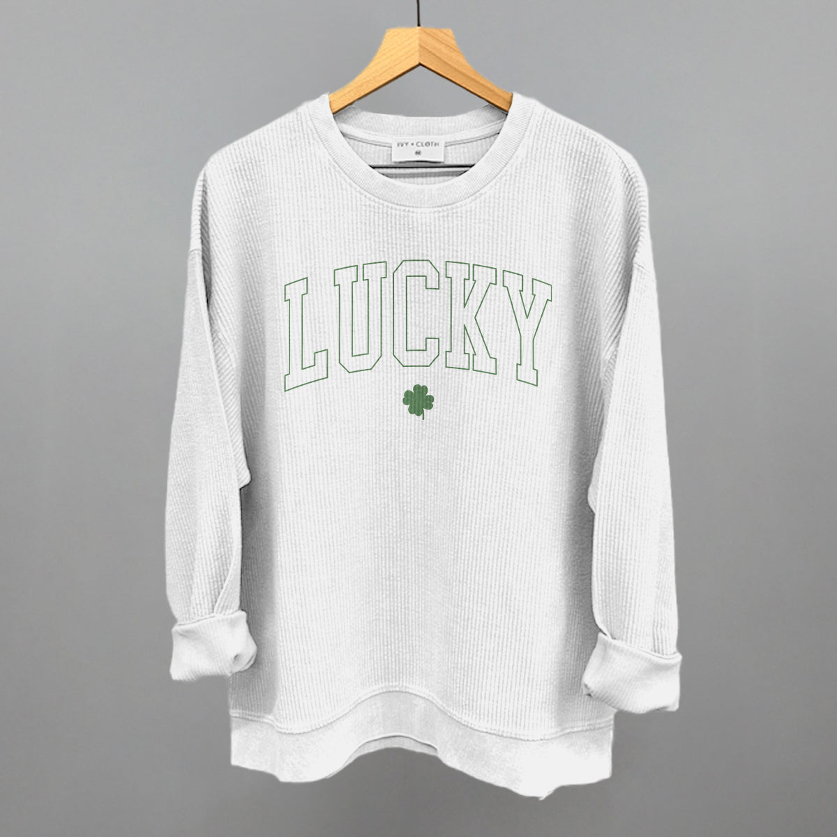 Lucky Clover (Collegiate) Funny Oversized Corded Crewneck Sweatshirt in White – Ivy + Cloth