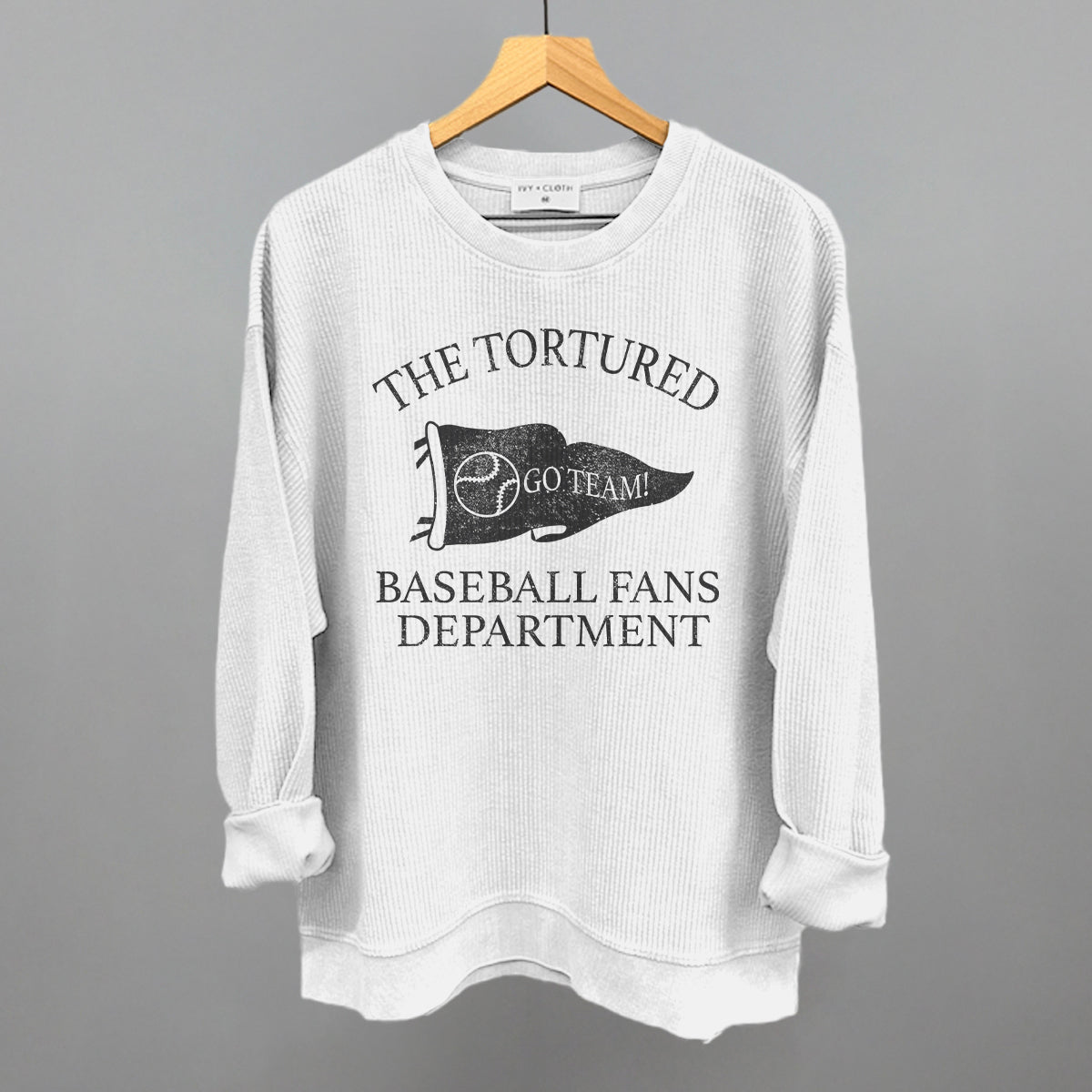 The Tortured Baseball Fans Department Funny Oversized Corded Crewneck Sweatshirt in White – Ivy + Cloth