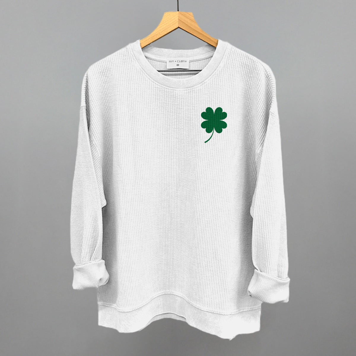 Four Leaf Clover (Left Chest) Funny Oversized Corded Crewneck Sweatshirt in White – Ivy + Cloth