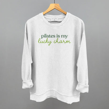 Pilates Is My Lucky Charm St. Patrick's Day graphic oversized corded crew in White