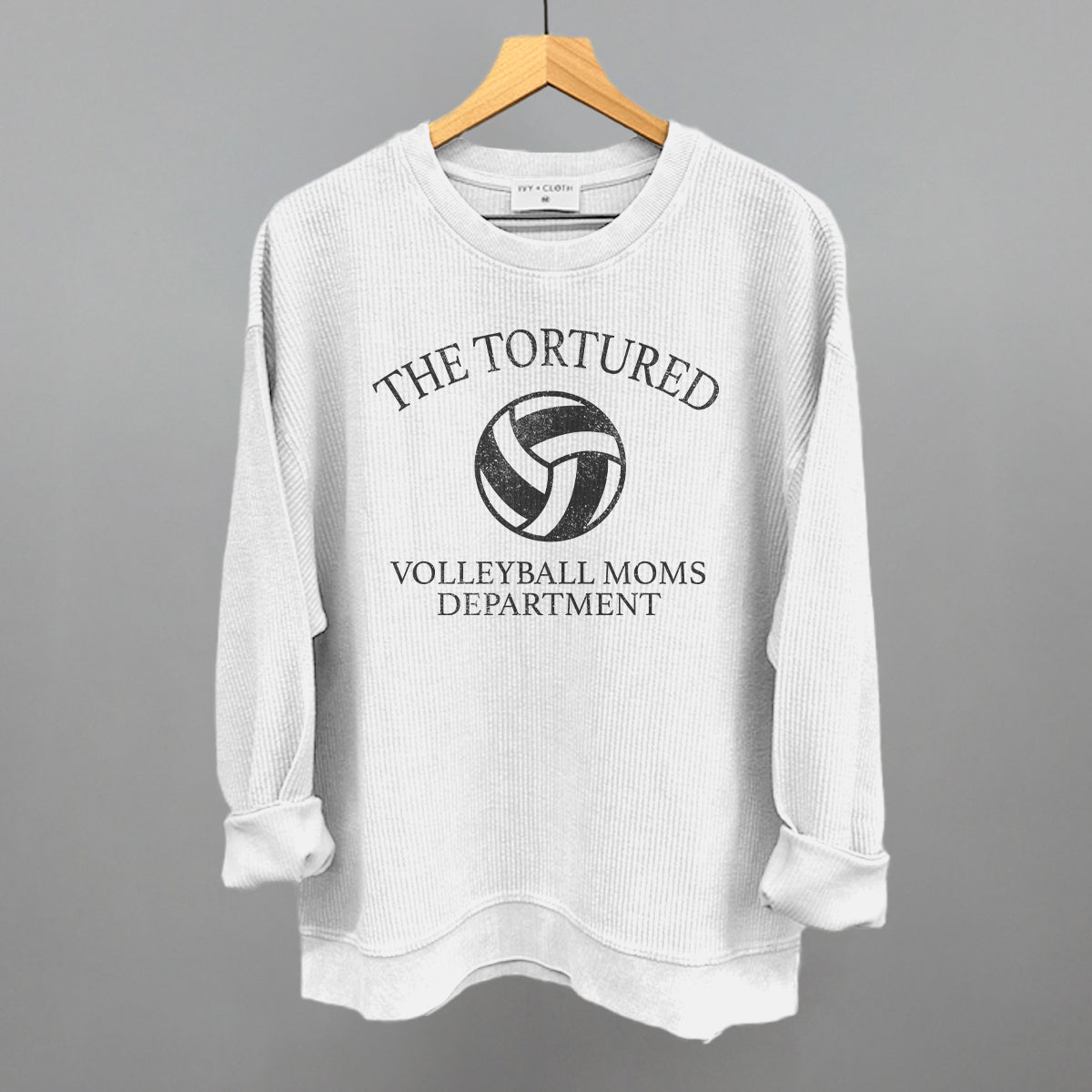 The Tortured Volleyball Moms Department Funny Oversized Corded Crewneck Sweatshirt in White – Ivy + Cloth