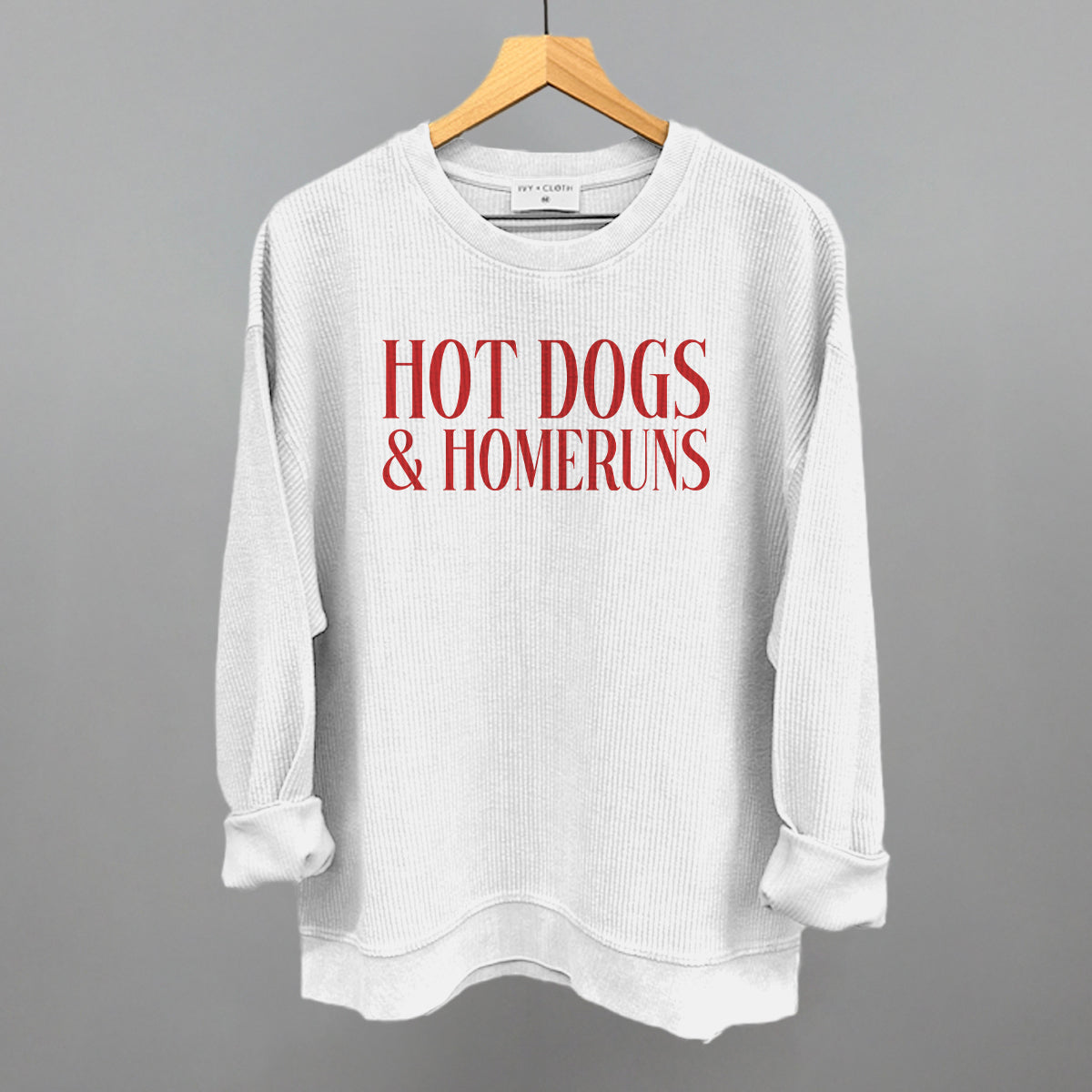 Hot Dogs & Homeruns Baseball graphic oversized corded crew in White
