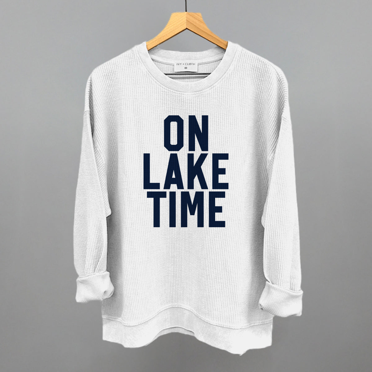 On Lake Time Block Letters Funny Oversized Corded Crewneck Sweatshirt in White – Ivy + Cloth
