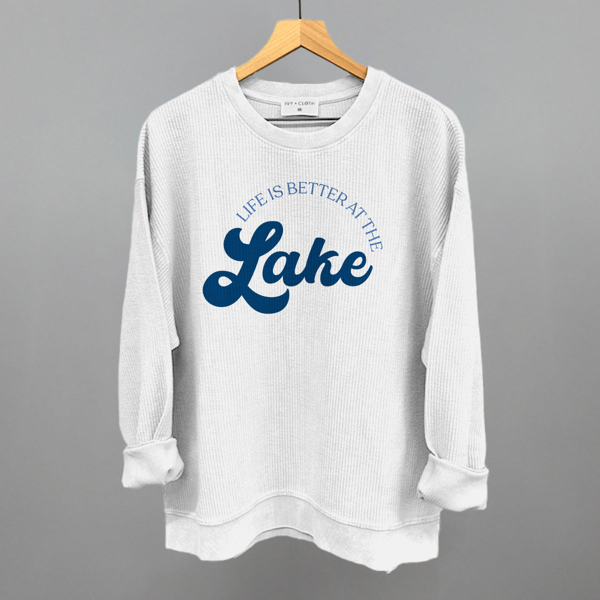 Life Is Better At The Lake Arch + Script Funny Oversized Corded Crewneck Sweatshirt in White – Ivy + Cloth