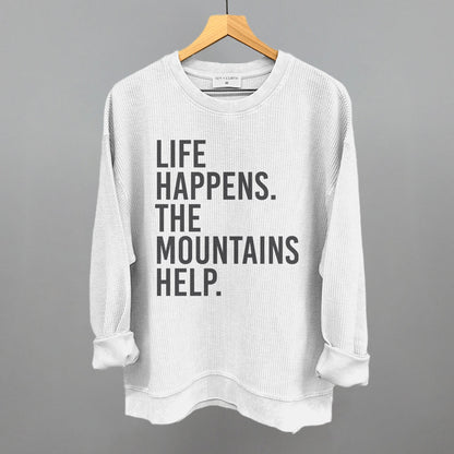 Life Happens The Mountains Help Funny Oversized Corded Crewneck Sweatshirt in White – Ivy + Cloth