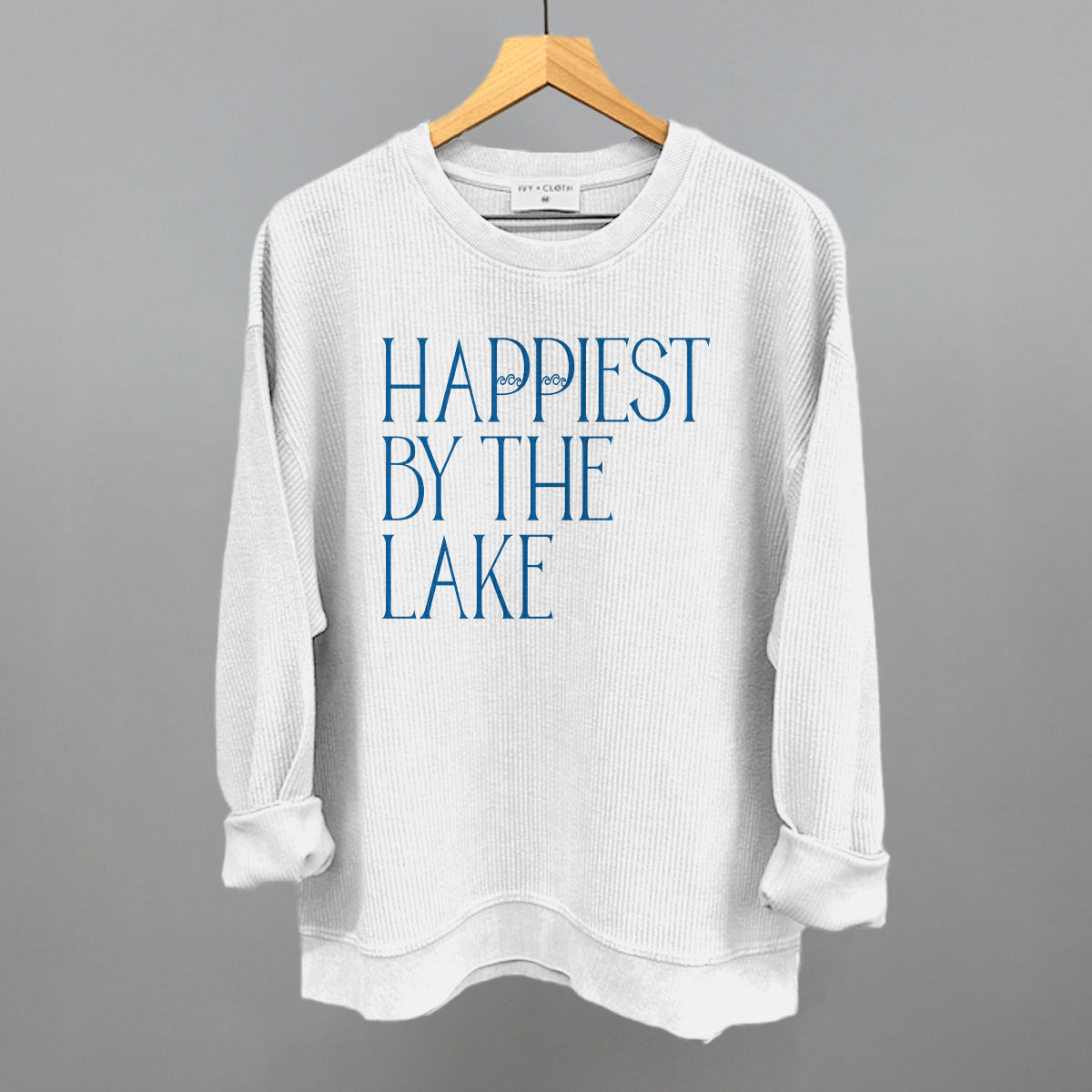 Happiest By The Lake graphic oversized corded crew in White