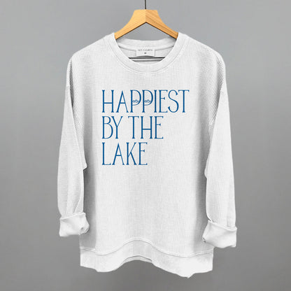 Happiest By The Lake graphic oversized corded crew in White