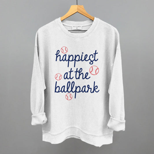 Happiest At The Ballpark Navy Script Funny Oversized Corded Crewneck Sweatshirt in White – Ivy + Cloth