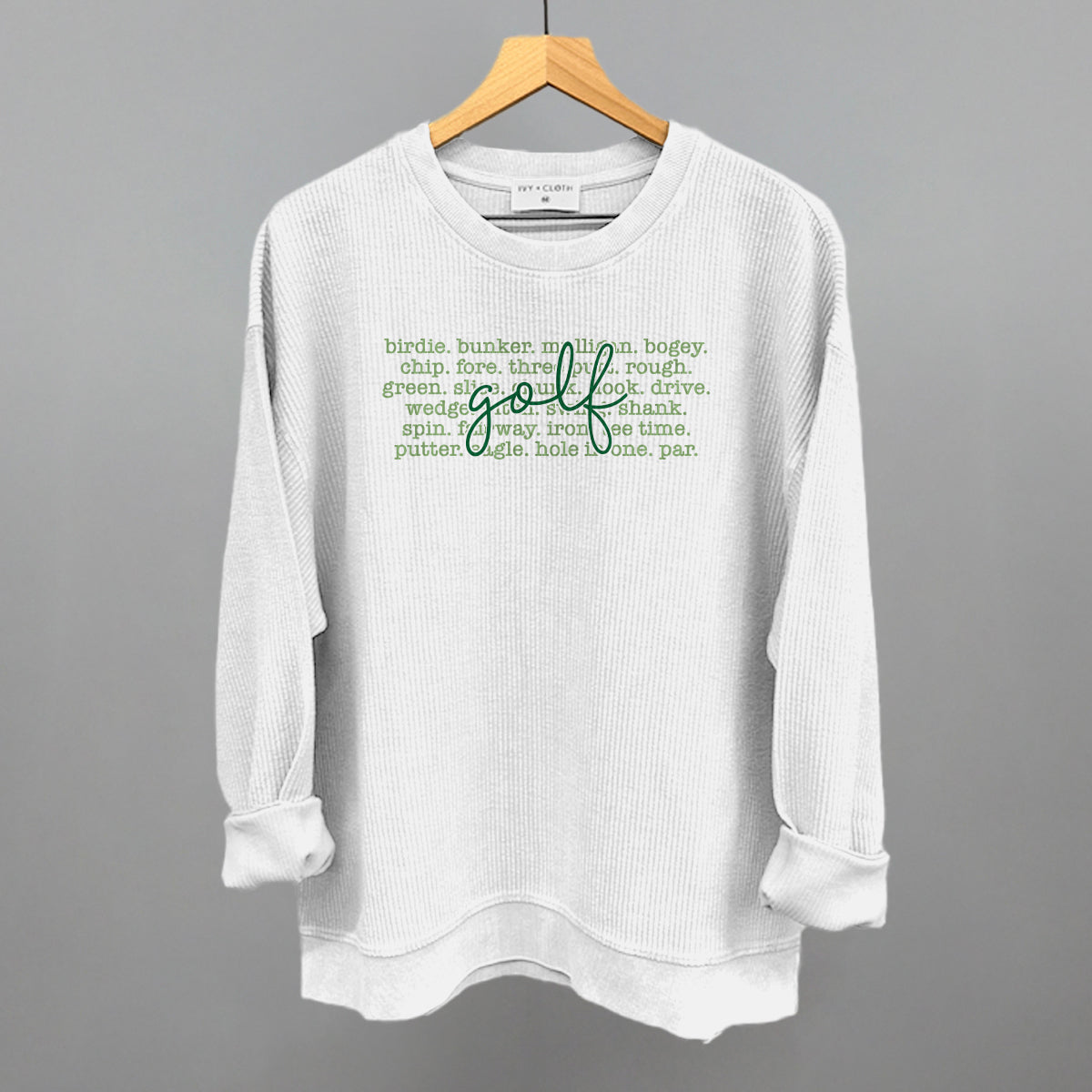 Golf Terms With Script Funny Oversized Corded Crewneck Sweatshirt in White – Ivy + Cloth