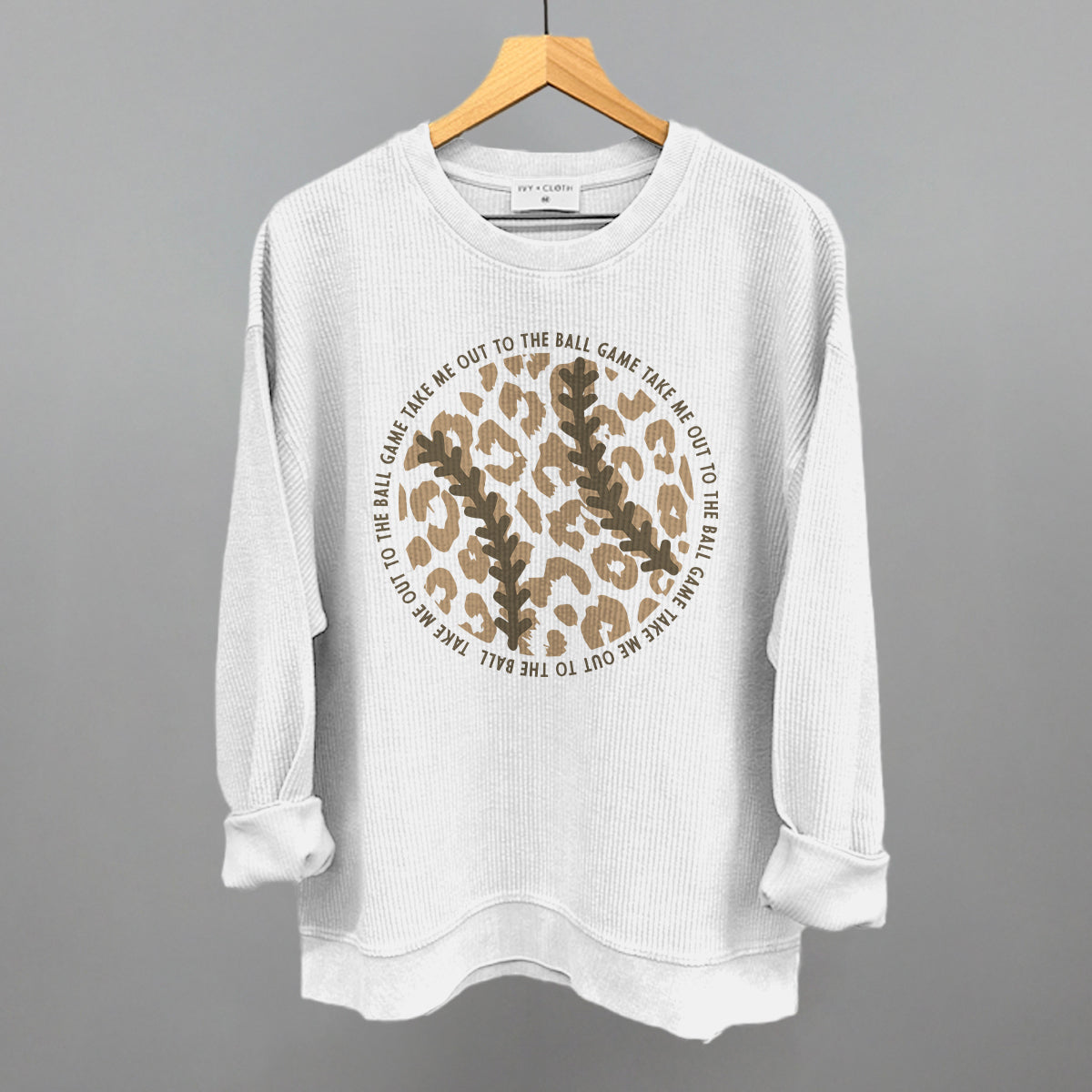 Take Me Out To The Ball Game (Leopard Baseball) Funny Oversized Corded Crewneck Sweatshirt in White – Ivy + Cloth