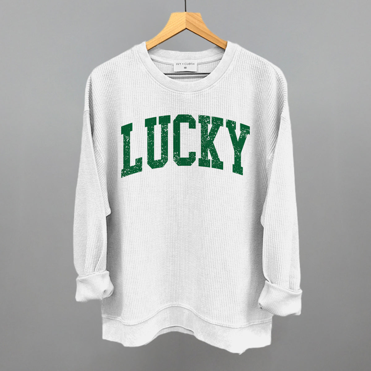 Lucky Collegiate Distressed Funny Oversized Corded Crewneck Sweatshirt in White – Ivy + Cloth