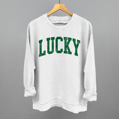 Lucky Collegiate Distressed Funny Oversized Corded Crewneck Sweatshirt in White – Ivy + Cloth