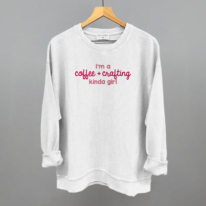 I'm A Coffee + Crafting Kinda Girl graphic oversized corded crew in White