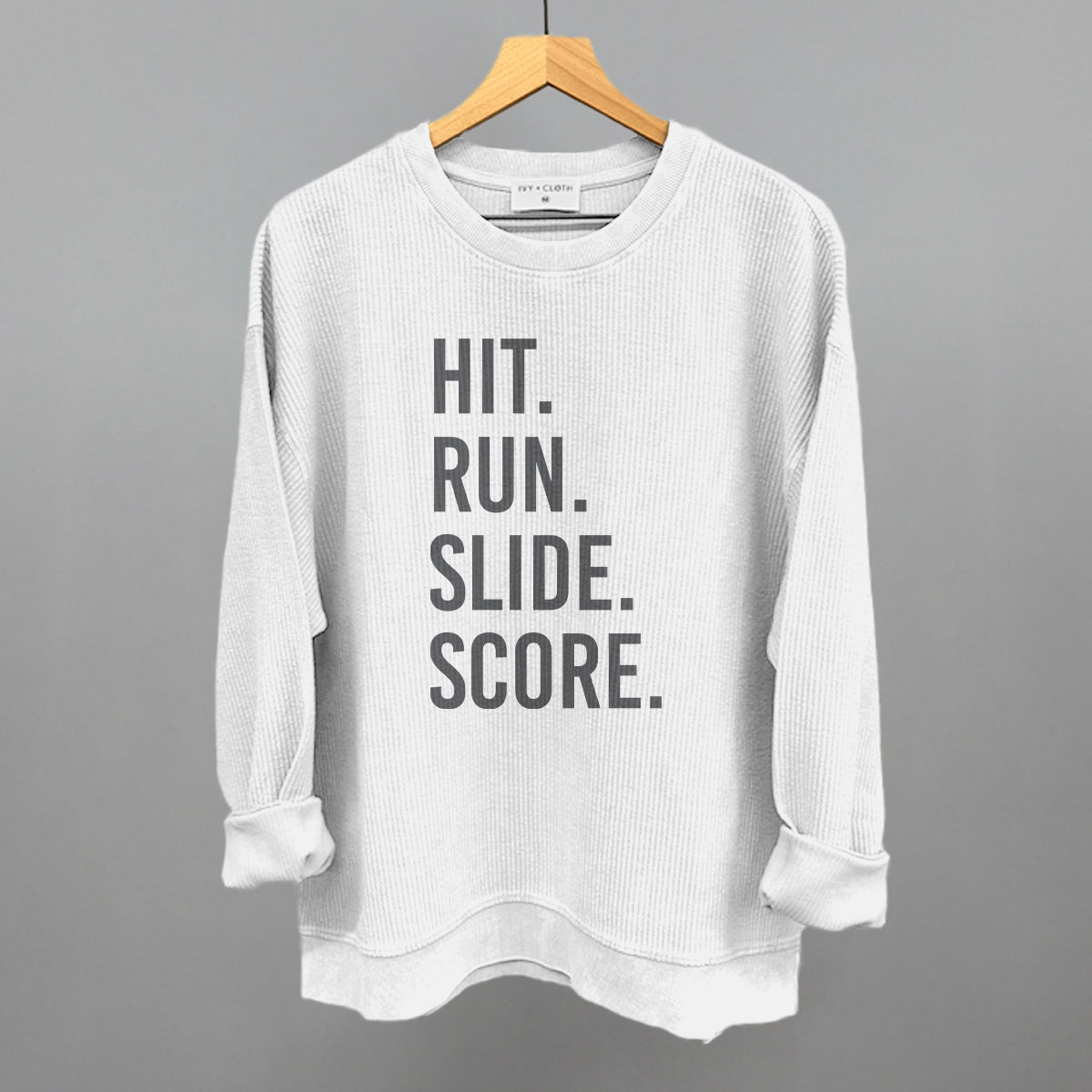 Hit Run Slide Score Baseball graphic oversized corded crew in White