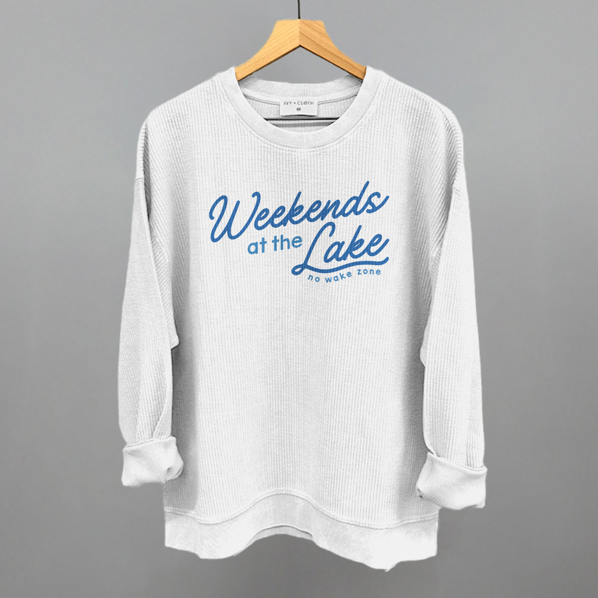 Weekends At The Lake Blue Funny Oversized Corded Crewneck Sweatshirt in White – Ivy + Cloth