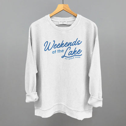 Weekends At The Lake Blue Funny Oversized Corded Crewneck Sweatshirt in White – Ivy + Cloth