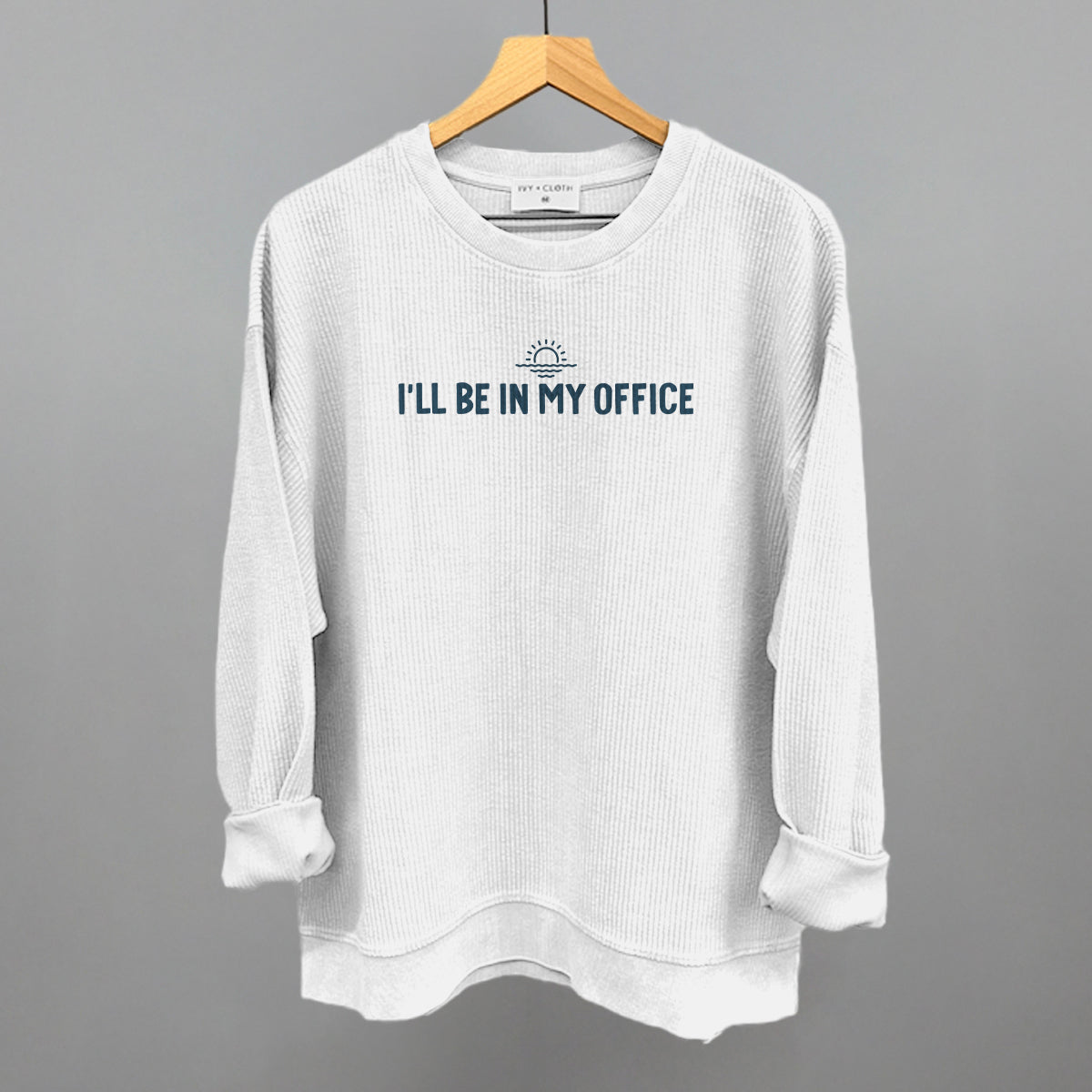 I'll Be In My Office Lake graphic oversized corded crew in White
