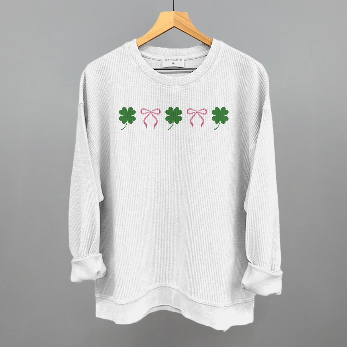 Pink Bows + Clovers Funny Oversized Corded Crewneck Sweatshirt in White – Ivy + Cloth