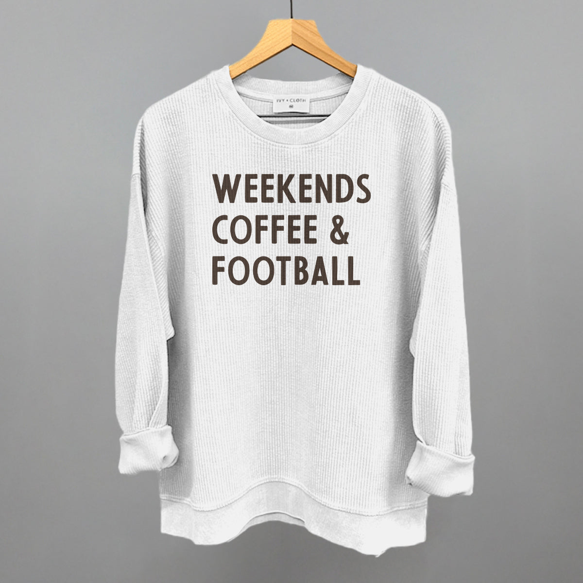 Weekends, Coffee and Football graphic oversized corded crew in White