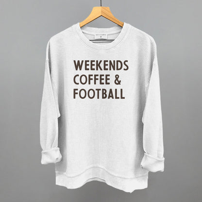 Weekends, Coffee and Football graphic oversized corded crew in White