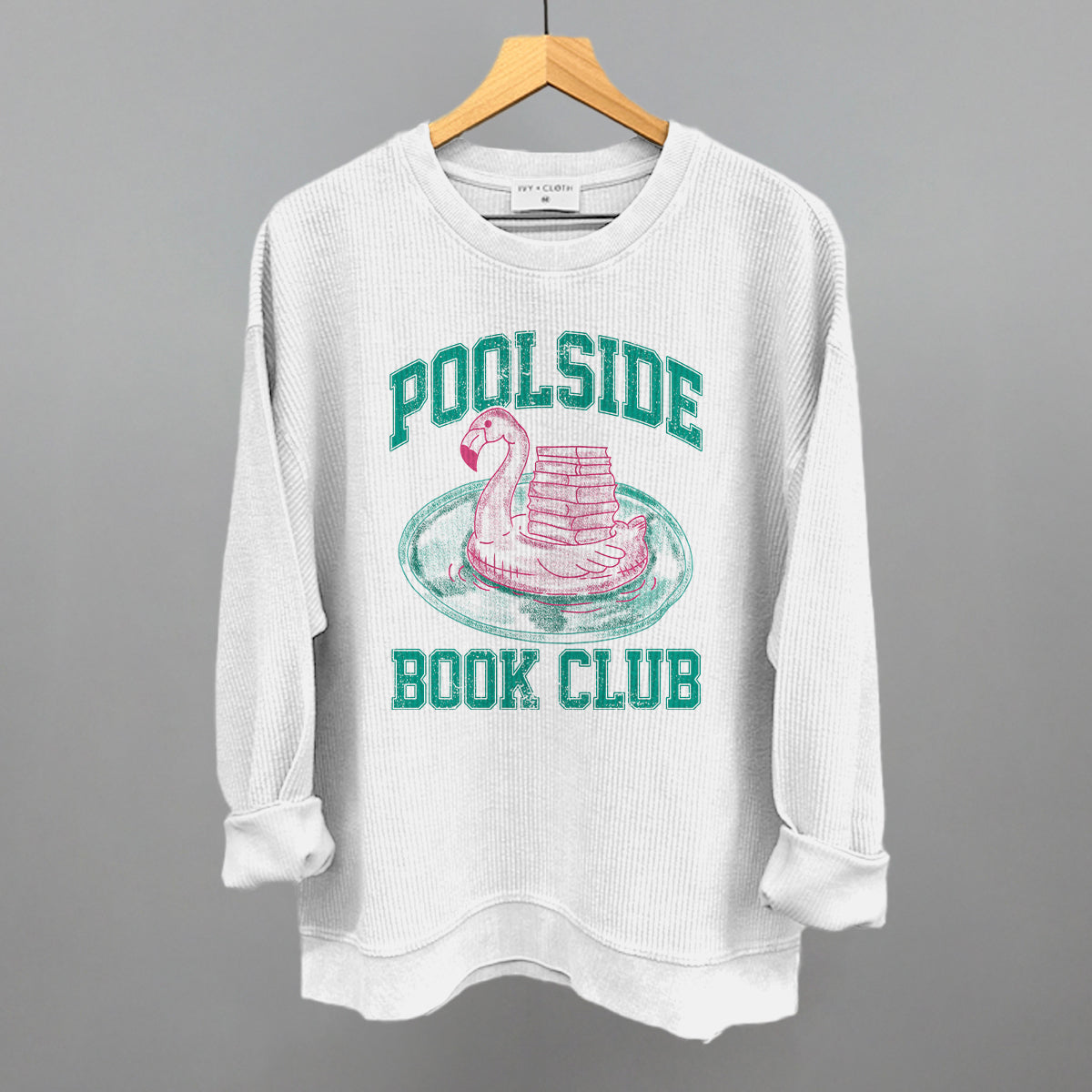Poolside Book Club (Pink + Teal) Funny Oversized Corded Crewneck Sweatshirt in White – Ivy + Cloth