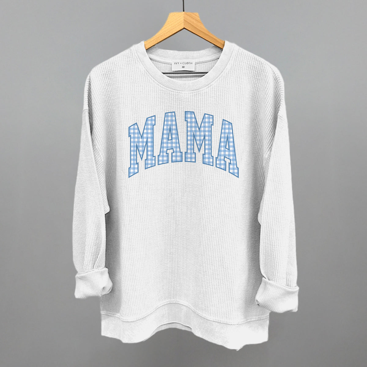 Mama Blue Gingham graphic oversized corded crew in White