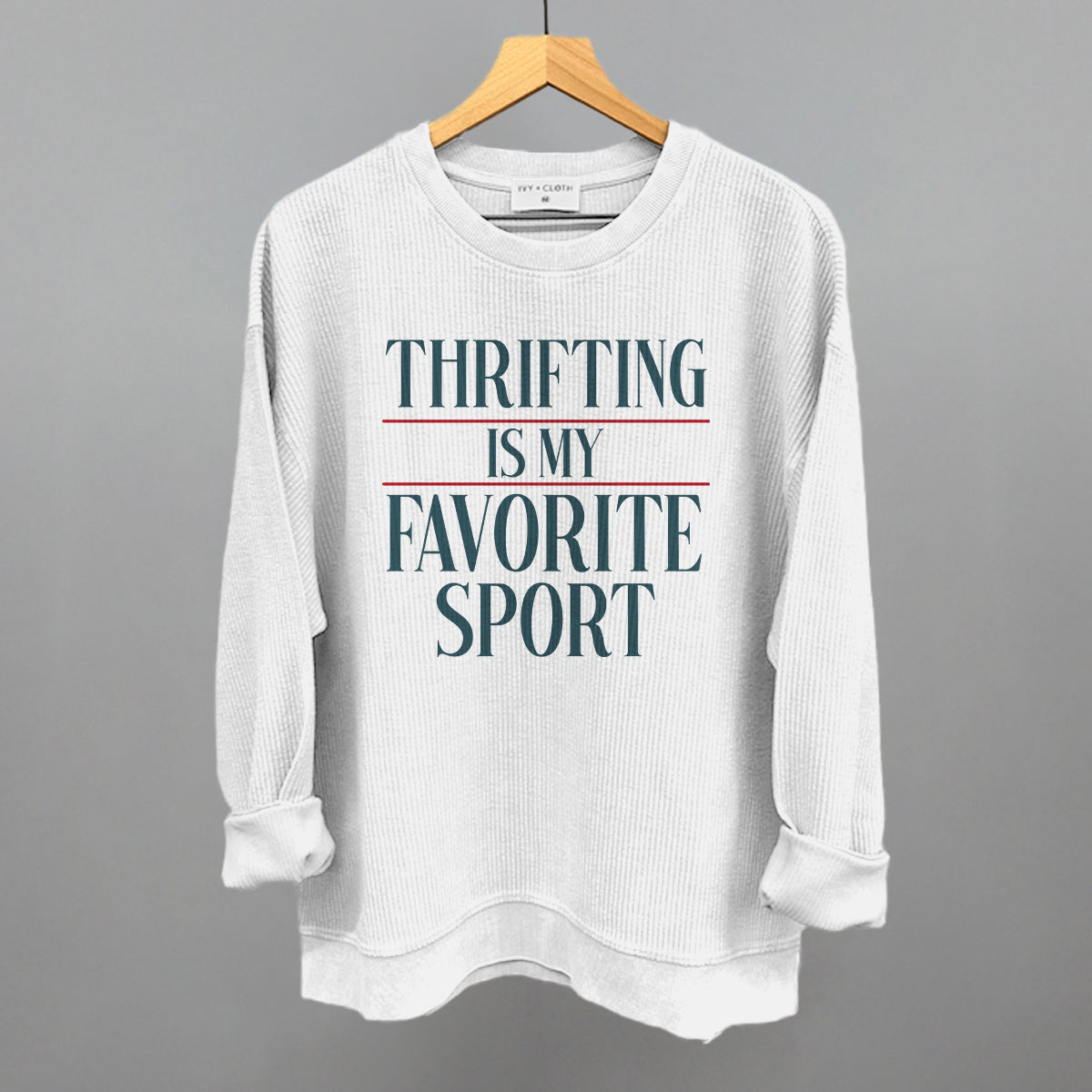Thrifting Is My Favorite Sport graphic oversized corded crew in White
