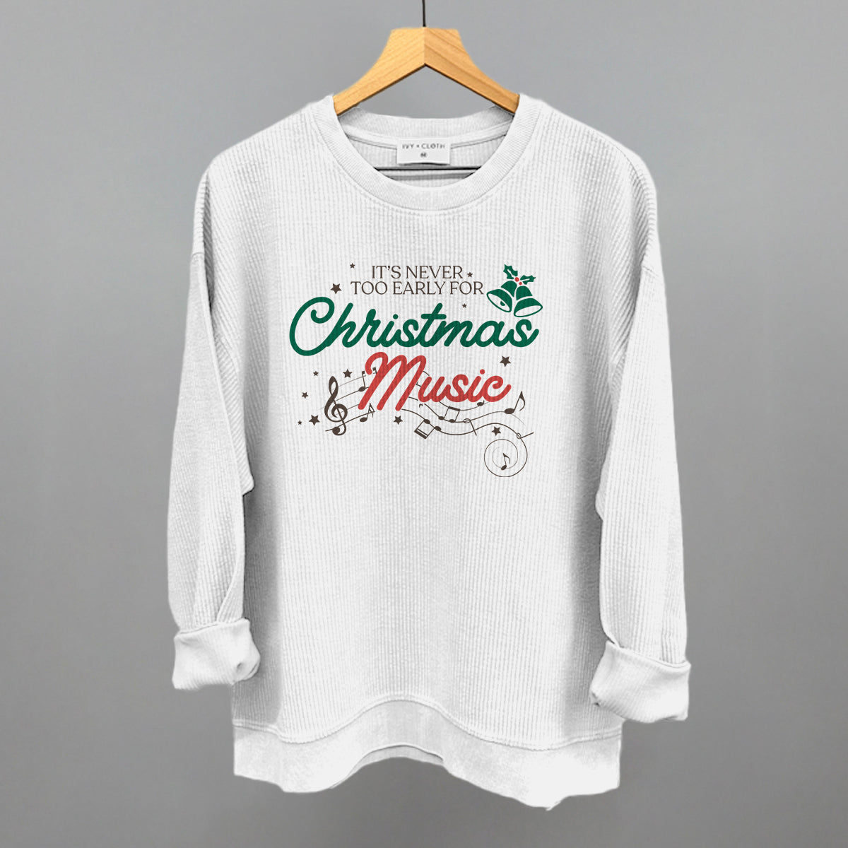 It's Never Too Early For Christmas Music Doodle Funny Oversized Corded Crewneck Sweatshirt in White – Ivy + Cloth