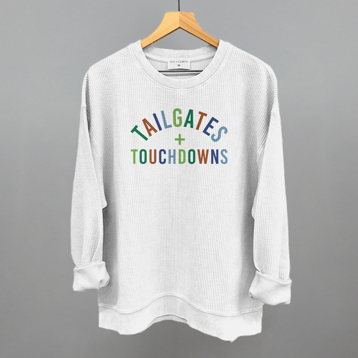 Tailgates and Touchdowns Football graphic oversized corded crew in White