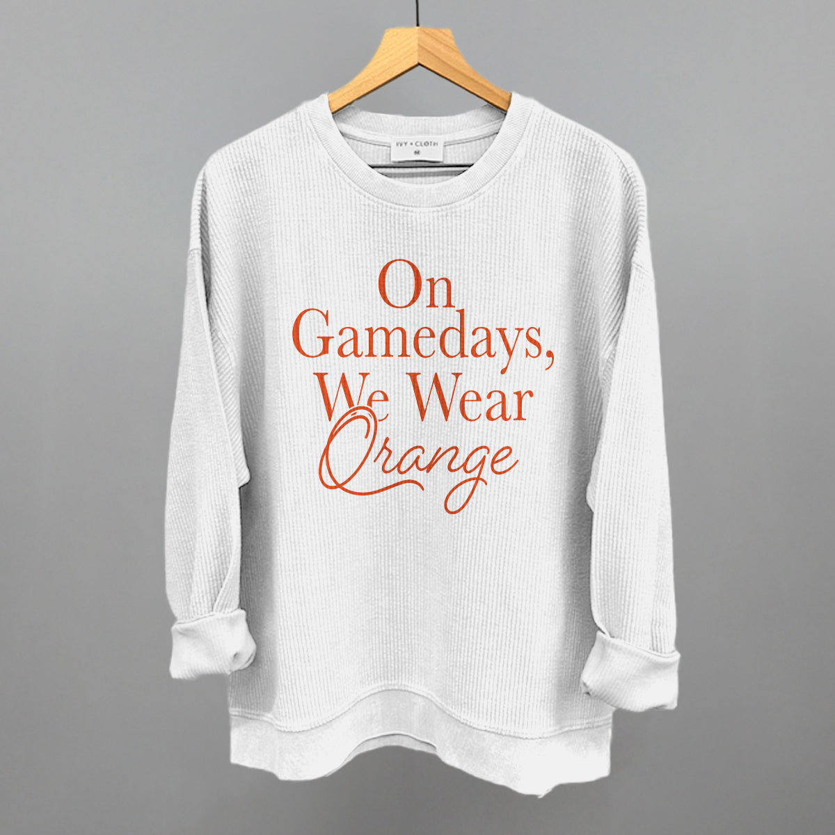 On Game Days We Wear Orange Football graphic oversized corded crew in White