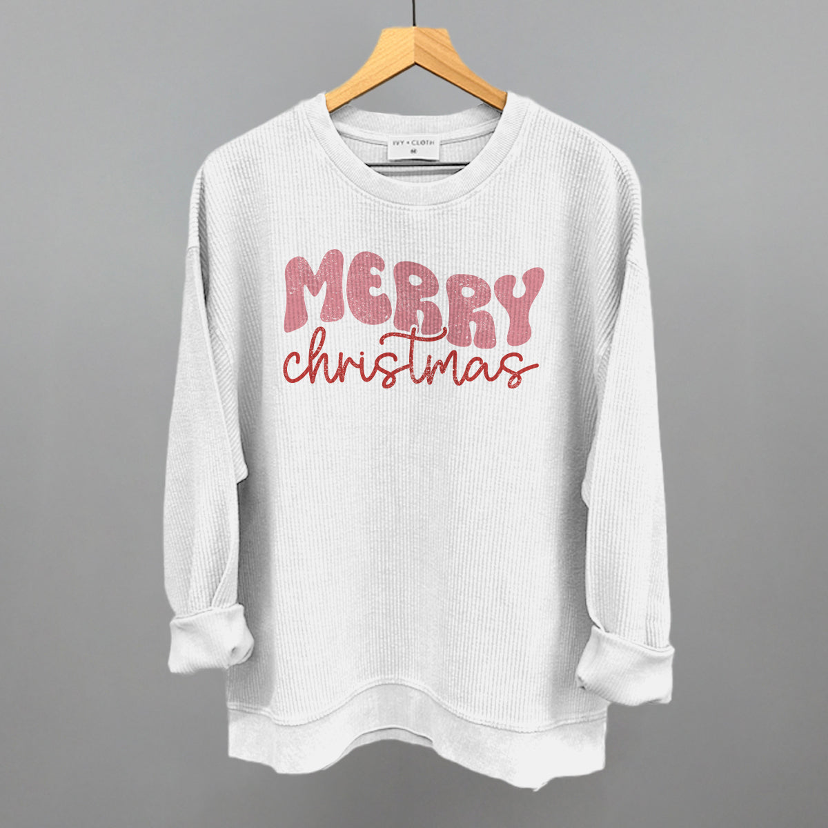 Merry Christmas (Groovy Script) Funny Oversized Corded Crewneck Sweatshirt in White – Ivy + Cloth