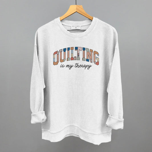 Quilting Is My Therapy graphic oversized corded crew in White