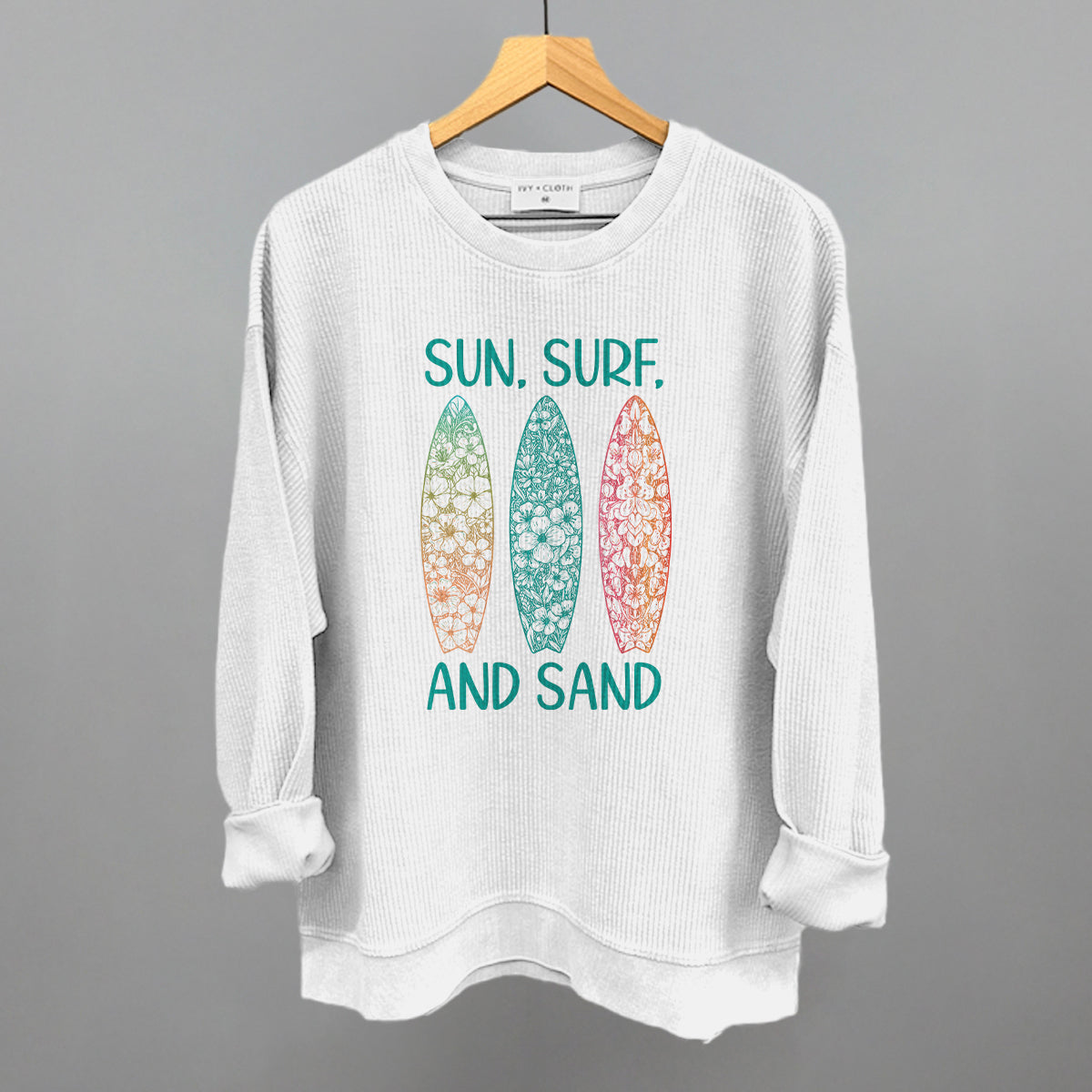 Sun, Surf and Sand Surfboards Beach graphic oversized corded crew in White